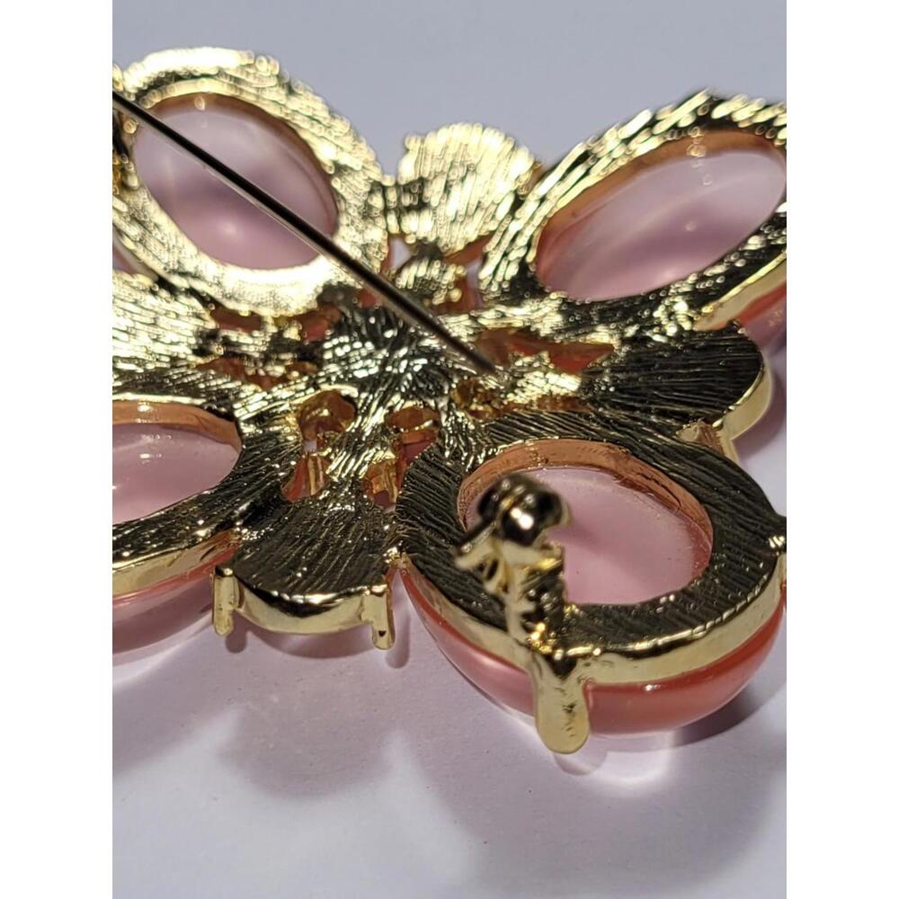 Vintage Style Pink Cabochon Brooch Pin Gold Tone Statement Jewelry Accessory - Picture 11 of 15